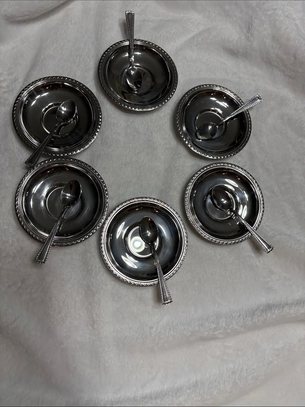 Set of Six Silver Dessert Bowls with Spoons